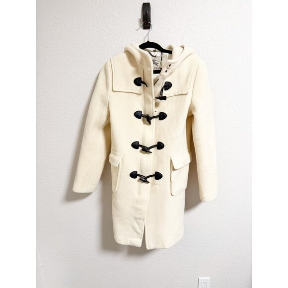 Burberry London Womens Wool Duffle Coat Toggle Hooded Herringbone Ivory Size 12 - Picture 1 of 13